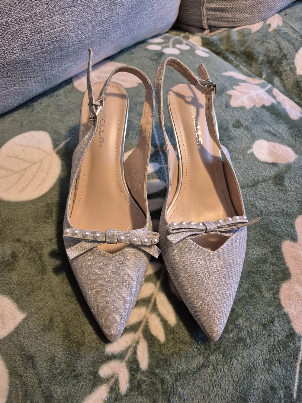 Silver Glitter Pointed Slingback Mules with Pearl Bow Detail